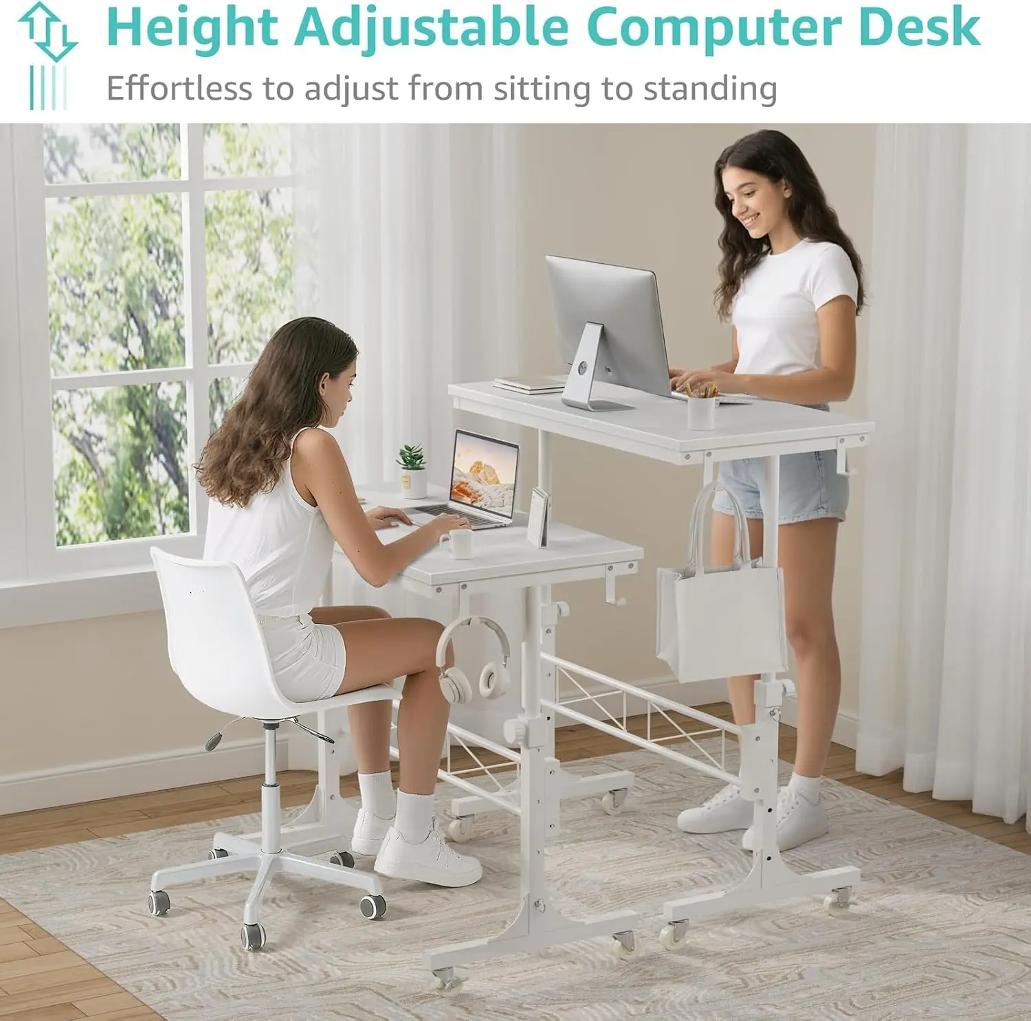 مكتب دوار بارتفاع قابل للتعديل مع عجلات، محطة عمل متوافقة مع جهاز المشي باللون الأبيض مقاس 32 بوصة للمكتب المنزلي