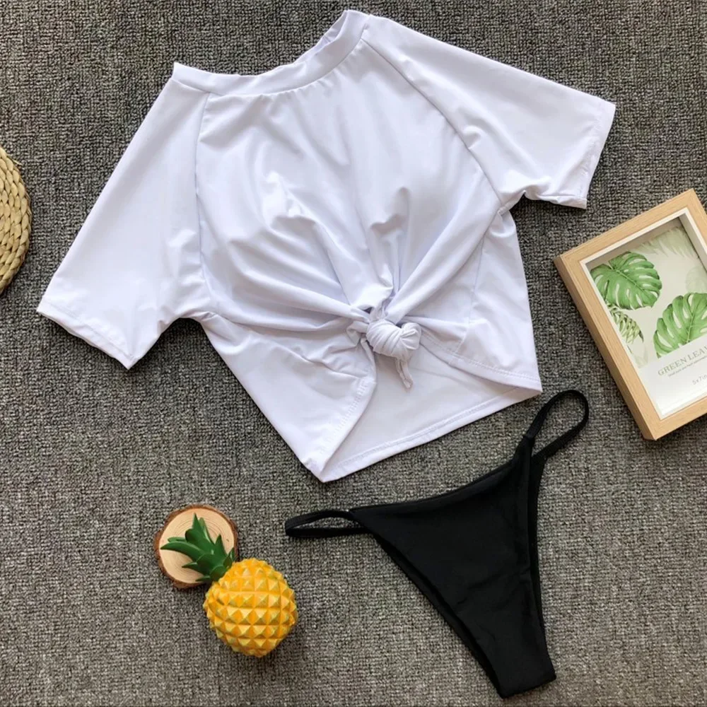 6 Colors Two Piece Swimsuit Swimwear Women Solid Leopard Short Sleeves Knotted Bathing Suit Beachwear Thong Trajes De Bano Mujer