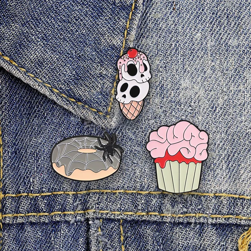 Gothic Skull Brain Spider Web Dessert Enamel Badges Set Halloween Ice Cream Cupcake Donut Pin Alloy Brooches Jewelry Gifts