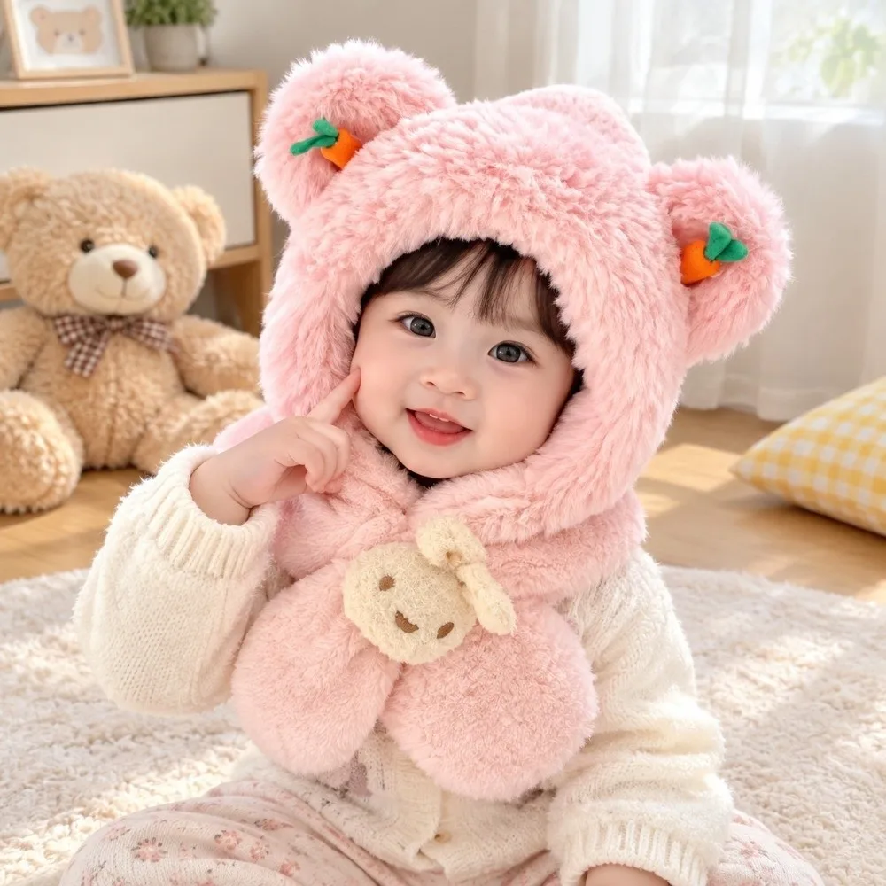 Windproof Kids Hooded Scarf Hat Neck Protection Cartoon Baby Bear Ear Hat Thick Warm Rabbit Winter Plush Integrated Hat Unisex