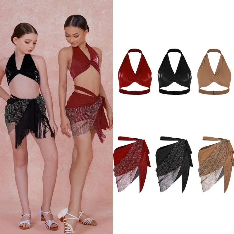 Abito con gonne divise con collo appeso Abito Chacha Rumba Tango Abito da spettacolo latino ZYM Costumi di danza latina per ragazze