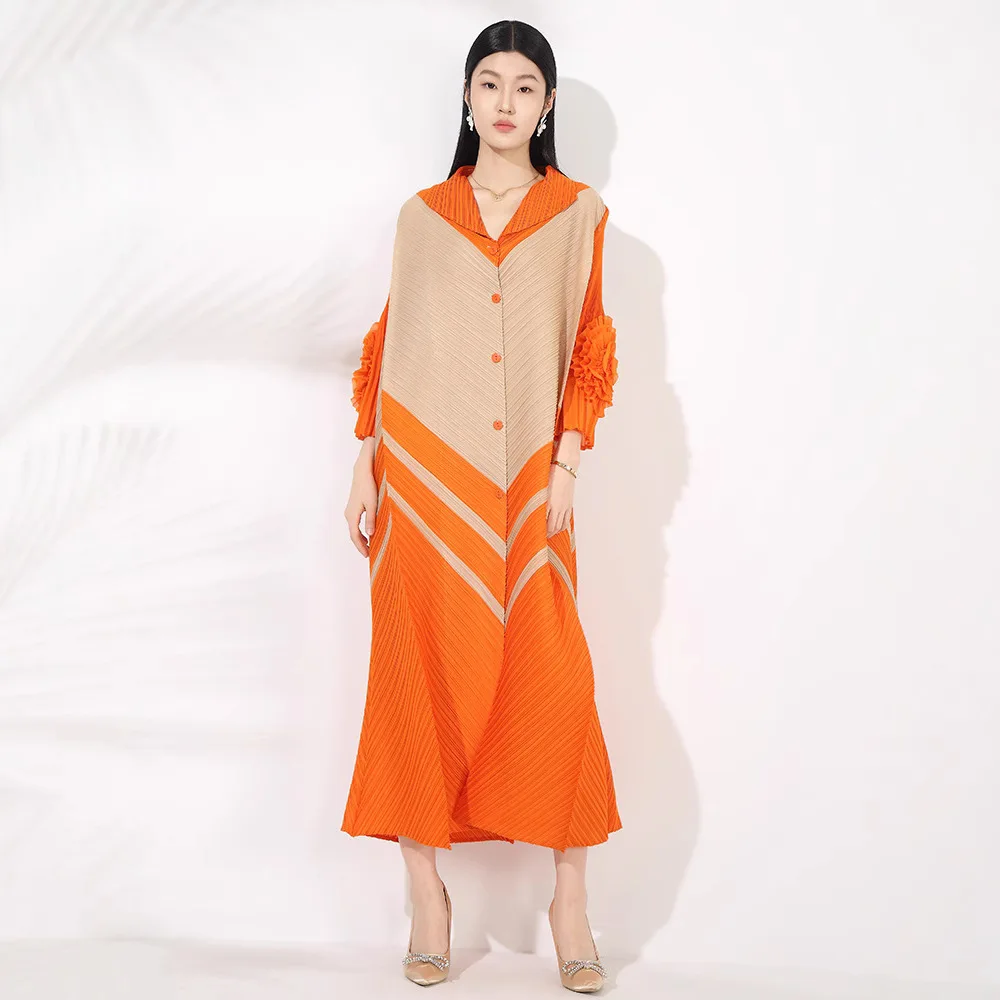 Sukienka 2026 Mały Kołnierzyk Kwiatowy Guzikowy Rozmiar S Siedem ósmych Rękaw Plisowany Kardigan Długa Sukienka Letnia Odzież Bliski Wschód