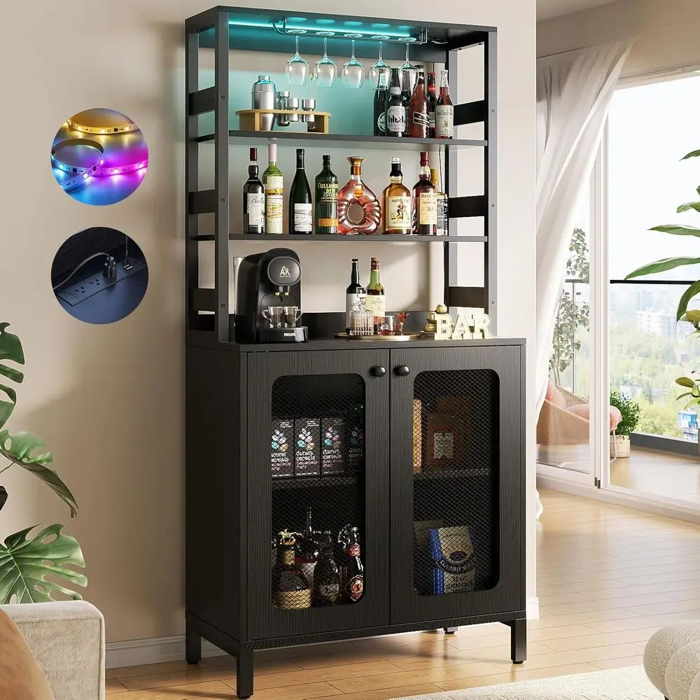 

67 Tall Black Wine Bar Cabinet with LED Lights, Glass Holders, and Power Outlets for Living Room or Coffee Bar