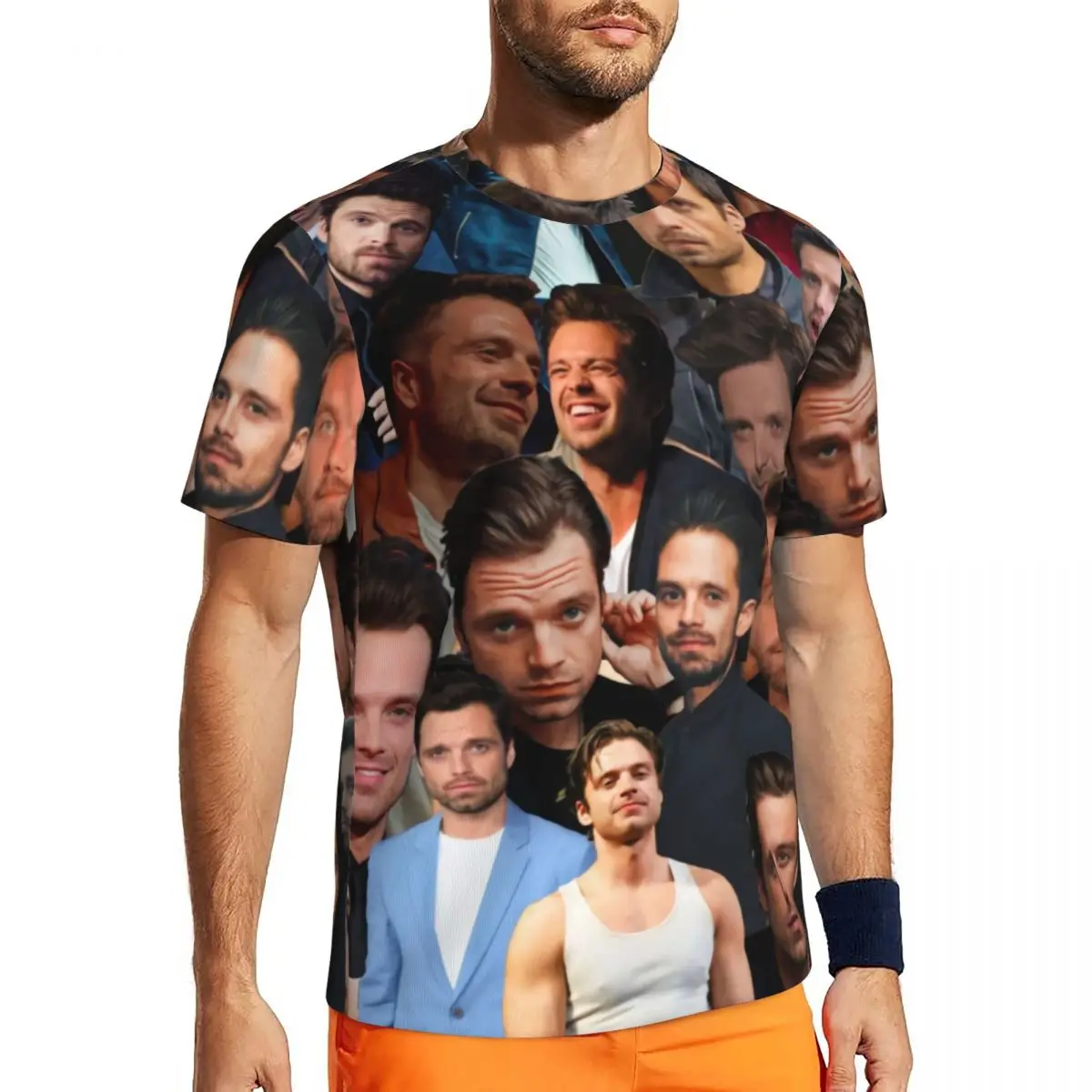 S-Sebastian Stan Photo Collage T Shirt Men Y2K Fun Gym T-Shirts Quick Dry Summer Harajuku Tee Shirt Design Oversized Clothing