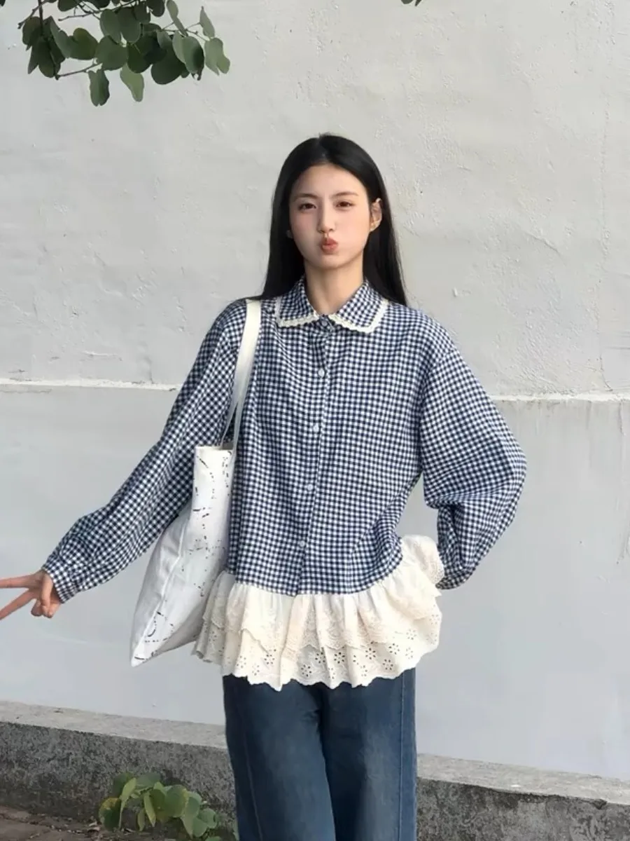 Doce coreano sle plissado xadrez solto gola de boneca feminino irt camadas topo idade-defng longo sve fibra de poliéster