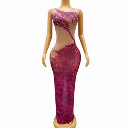 Sexy Birthday Celebrate Club Party Rose Rhinestones Sleeveless Dress Dance Crystals Outfit Singer Performance Stretch Costume