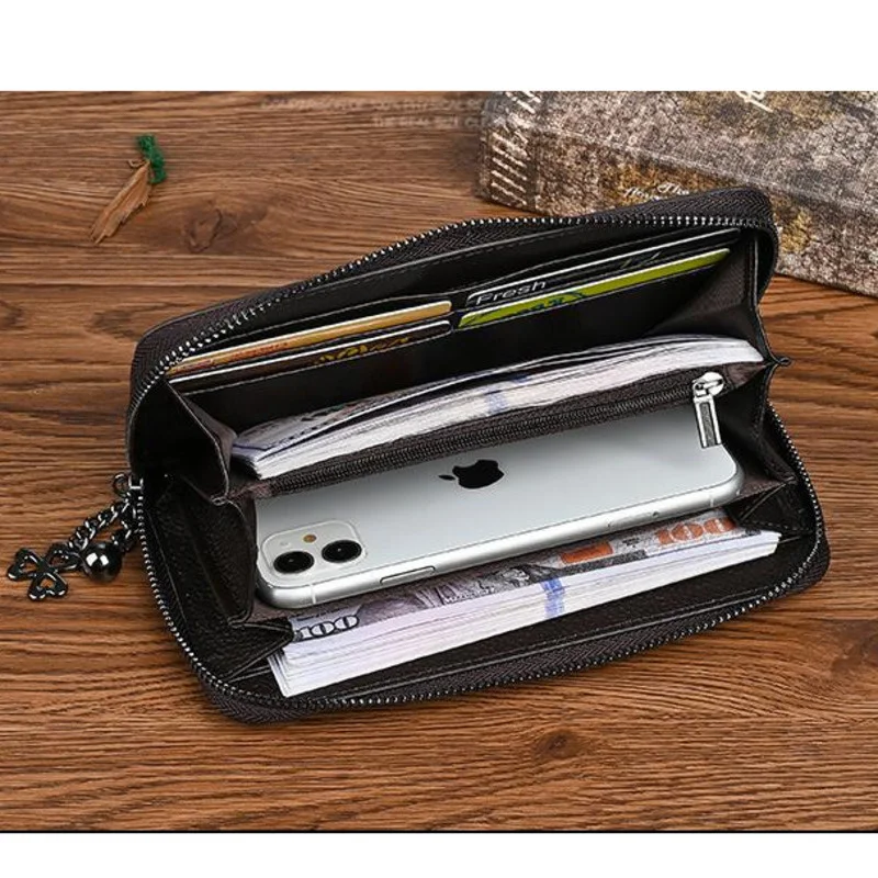 MOTAORA Genuine Leather Long Wallet Women Deer Embossed & Hand-Painted Phone Pocket Purse Vintage Zipper Coin Bag