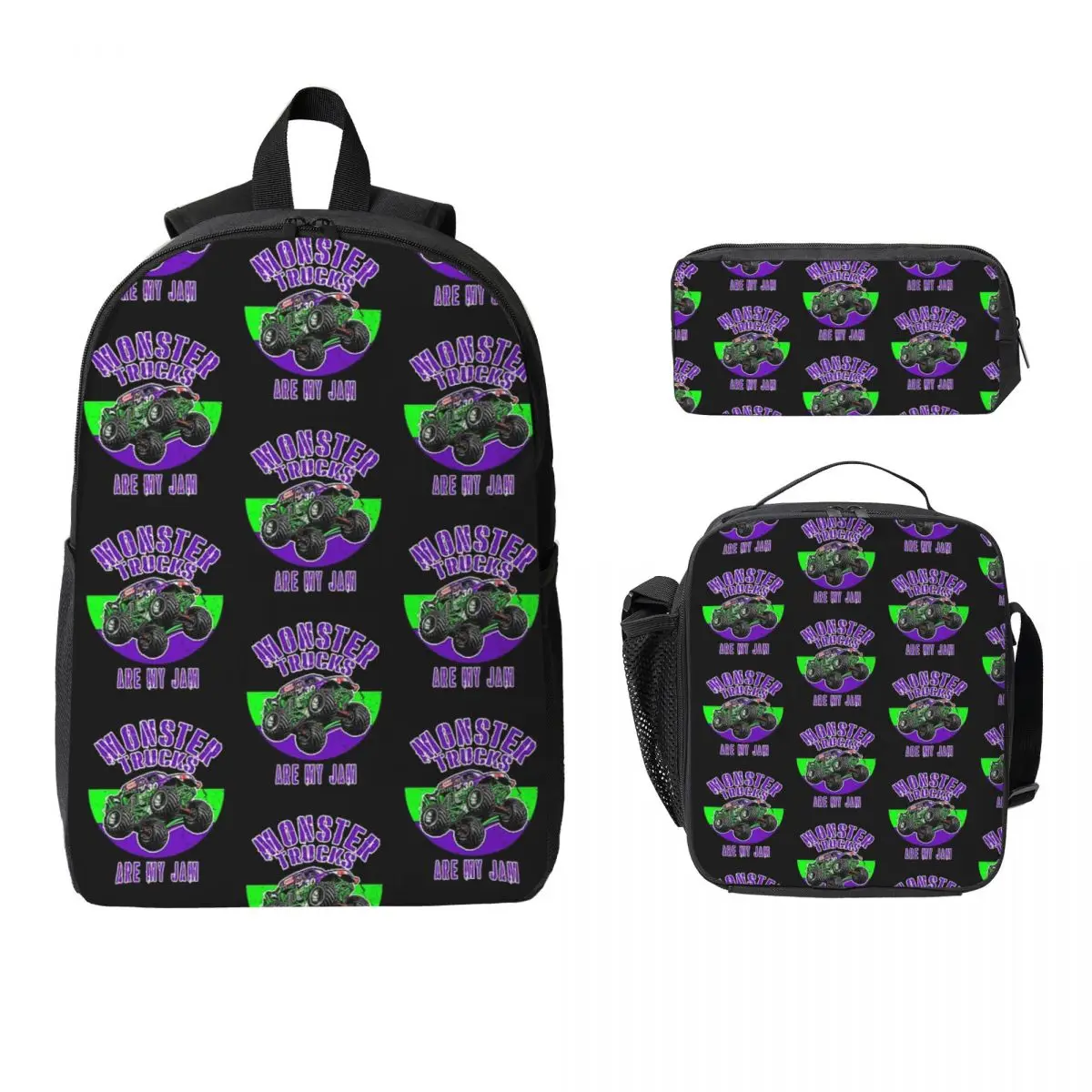 Monster Truck Are My Jam Grave Digger Vintage Art Backpack Boys Girls BookBag School Bag 3ps Insulated Lunch Bag Pencil Case
