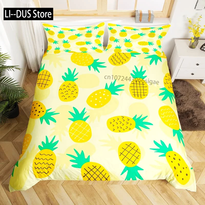 

Funny Pattern Pineapple Bedding Set Decor Quilted 3 Piece Cover Set with 2 Pillow Shams, Twin Full Queen King Size Room Decor