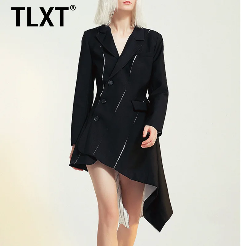 

TLXT облегающее платье-блейзер средней длины с диагональным поясом в стиле пэчворк и полосатой подкладкой для женщин, новинка 2025, XK1109