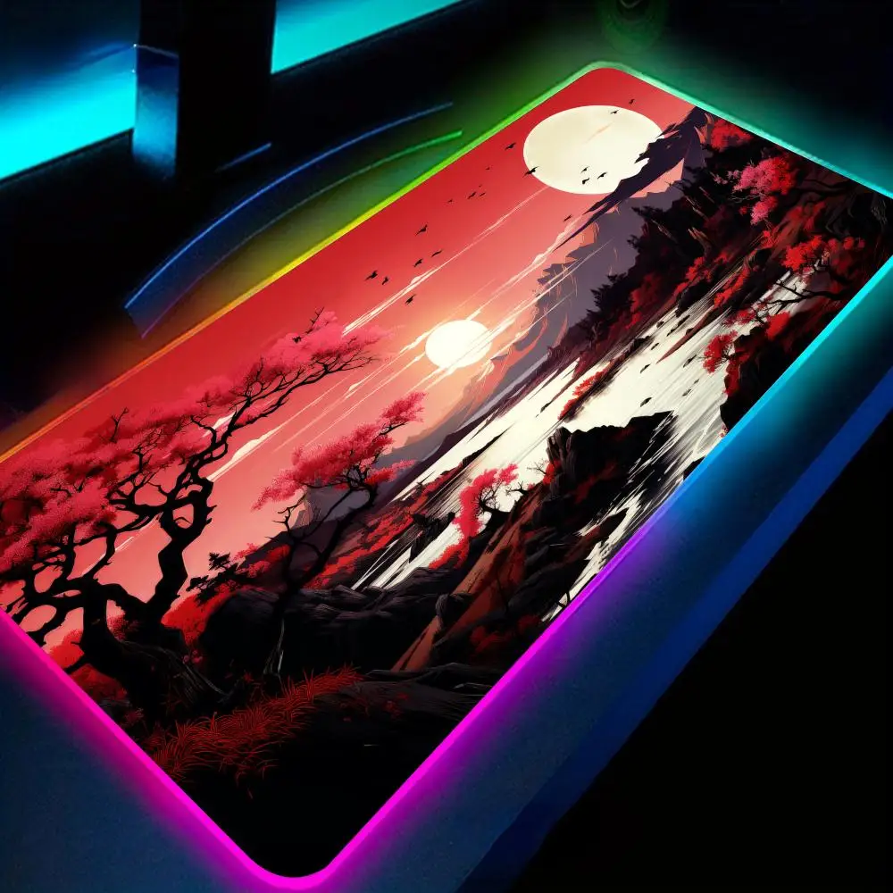 Unique Black and Red Artistic Landscape Illustration Design RGB Mouse Pad Desk Mat gaming pad pc Accessories LED Glow mousepad