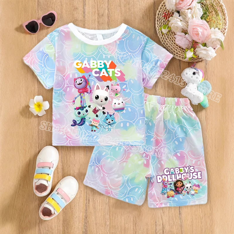 2pcs 개비 인형 집 세트 여름 통기성 땀 흡수 어린이 옷 아기 소녀 카와이 애니메이션 미소 짧은 소매 얇은 양복