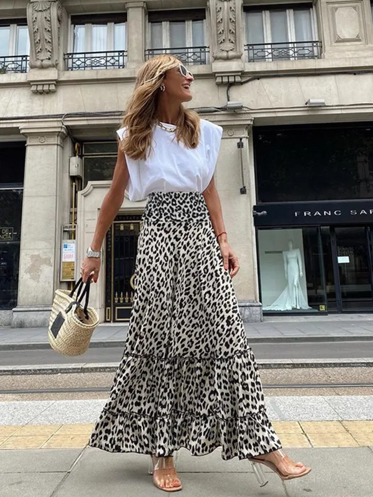 

SKMY 2025 Spring Summer New Long Skirts Y2k Clothes Fashion Leopard Printed Elastic Waist Ruffles A-Line Skirts For Women Party