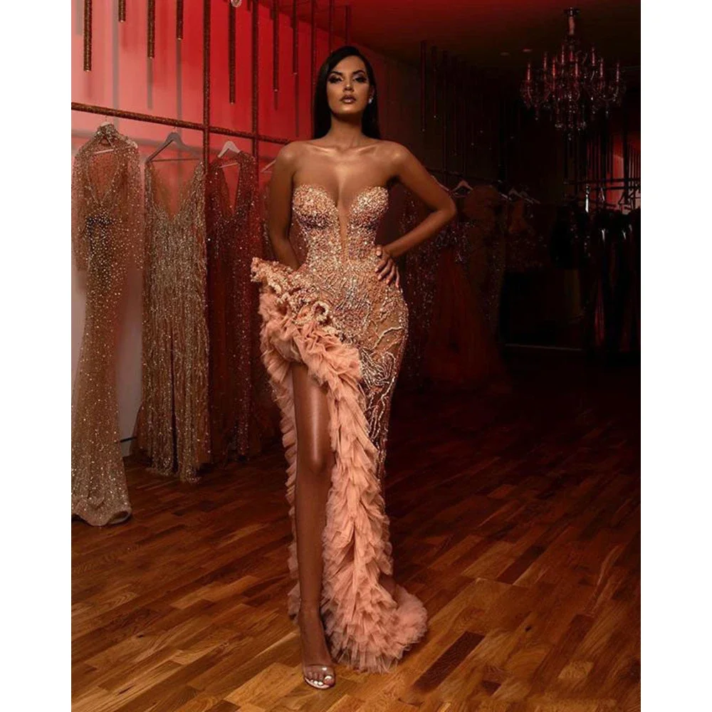 Champagne Blush Mermaid Prom Dresses 2024 Sparkly Beaded Ruffles High Slit Sweetheart Arabic Evening Party Occasion Gown