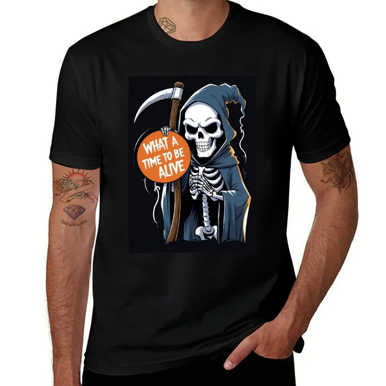 

What A Time To Be Alive - Smiling Grim Reaper Sticker T-Shirt luxury t-shirt sublime funny t shirts men
