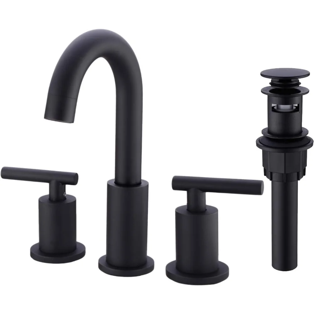 

2-Handle 8 inch Widespread Bathroom Sink Faucet with Pop Up Drain and cUPC Faucet Supply Hoses, Matte Black Basin Faucet