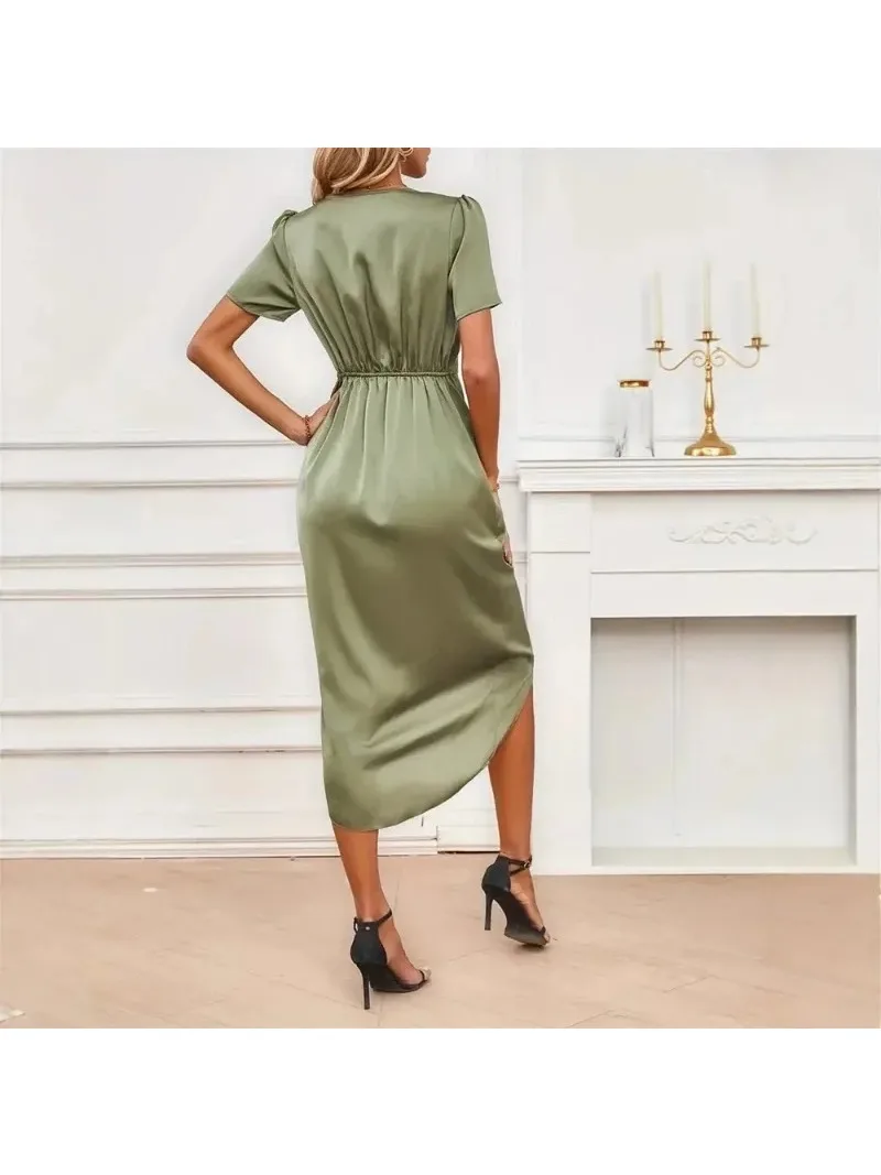 2025 الصيف تصميم الشعور فستان طويل غير منتظم المرأة الساتان قصيرة الأكمام التفاف عبر الرقبة فستان فستان صيفي للنساء