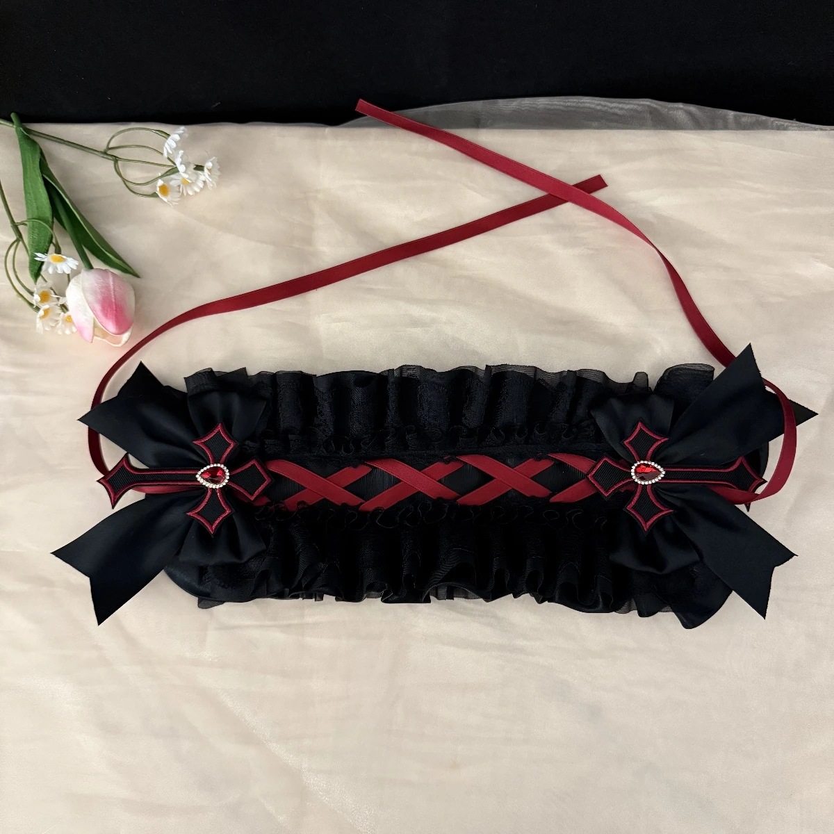 هالوين القوطية نمط رباط شعر النساء الفتيات لوليتا رائع الصليب المشابك مقوس دانتيل عقال