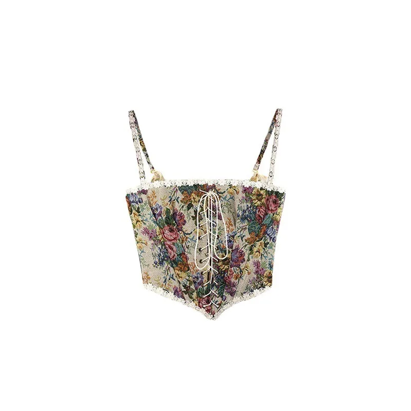 

Vintage heavy industry lace sling vest women's French medieval fishbone lace-up slim-fitting outer and inner short top