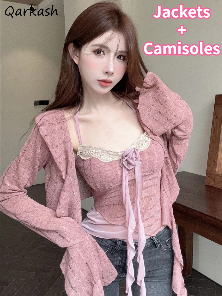 

Sexy Crop Tops Sets Women Sweet Lace Halter Camisoles Tender Korean Style Flare Long Sleeve Jackets Autumn Holiday Feminine 2pcs