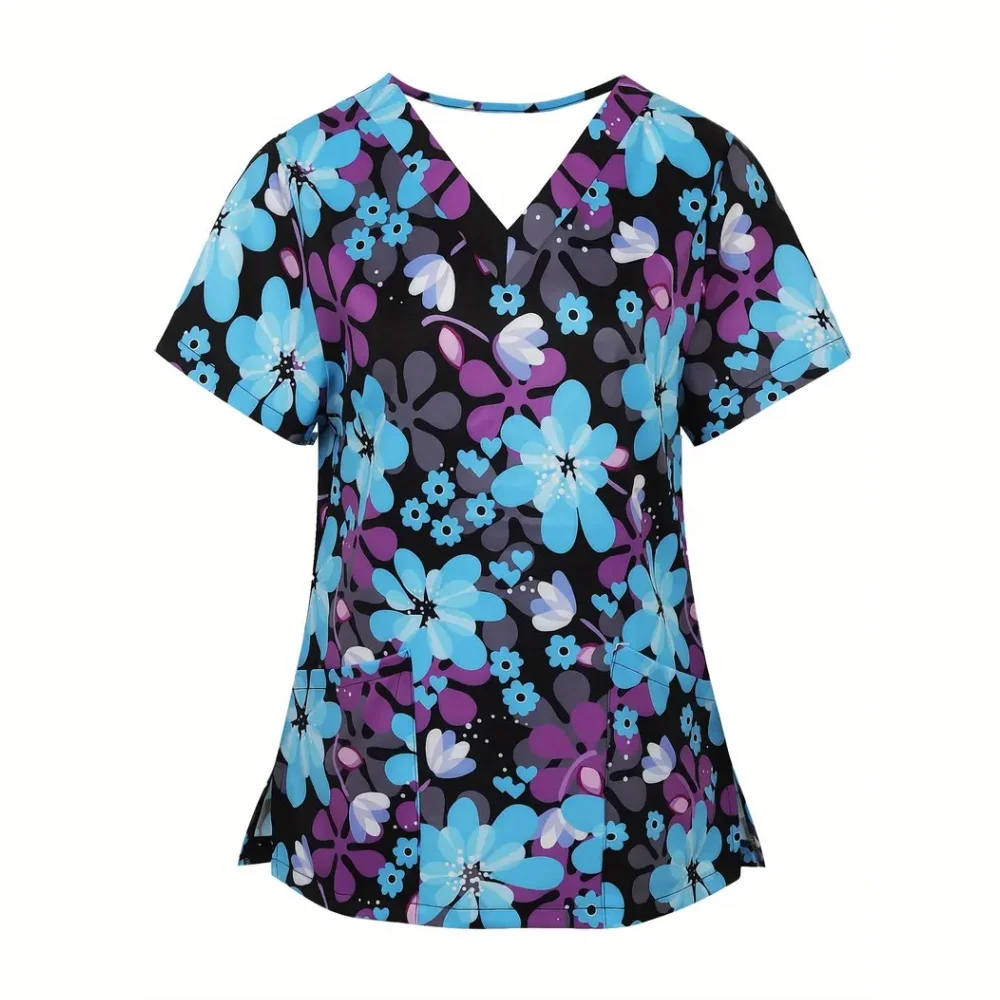 Moda floral impressão uniformes cirúrgicos mulher microelástica com decote em v uniforme clínico dental verão manga curta topos feminino esfrega