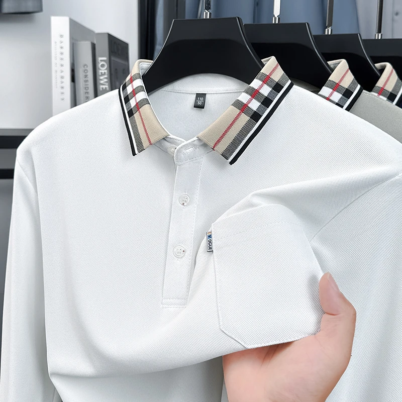 

Роскошное качество, мужская рубашка поло, осенняя полосатая жаккардовая футболка с длинным рукавом, изысканная футболка с лацканами, деловая повседневная трендовая мужская одежда, топ