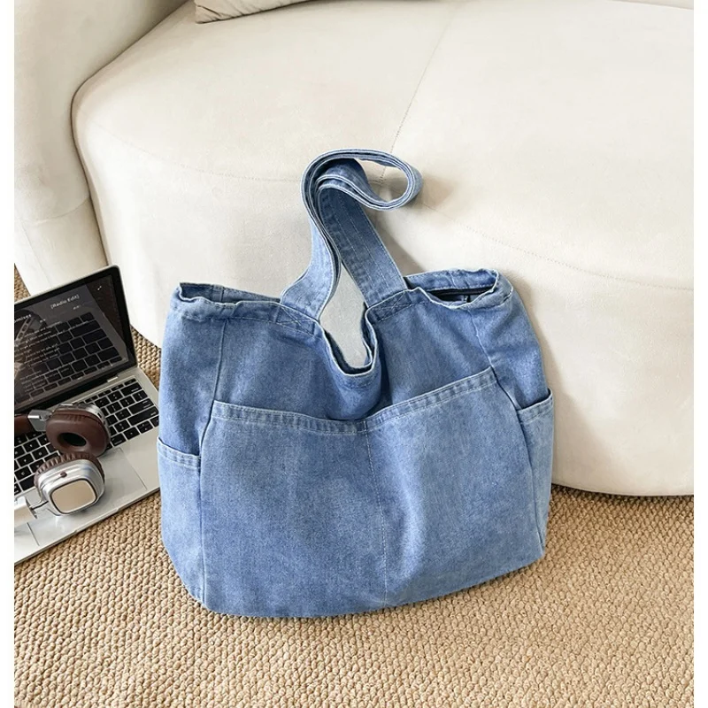 Washed Denim Tote Bag For Women Multi‑Pocket Large Capacity Casual Handbag Simple Daily Shopping School Shoulder Bag