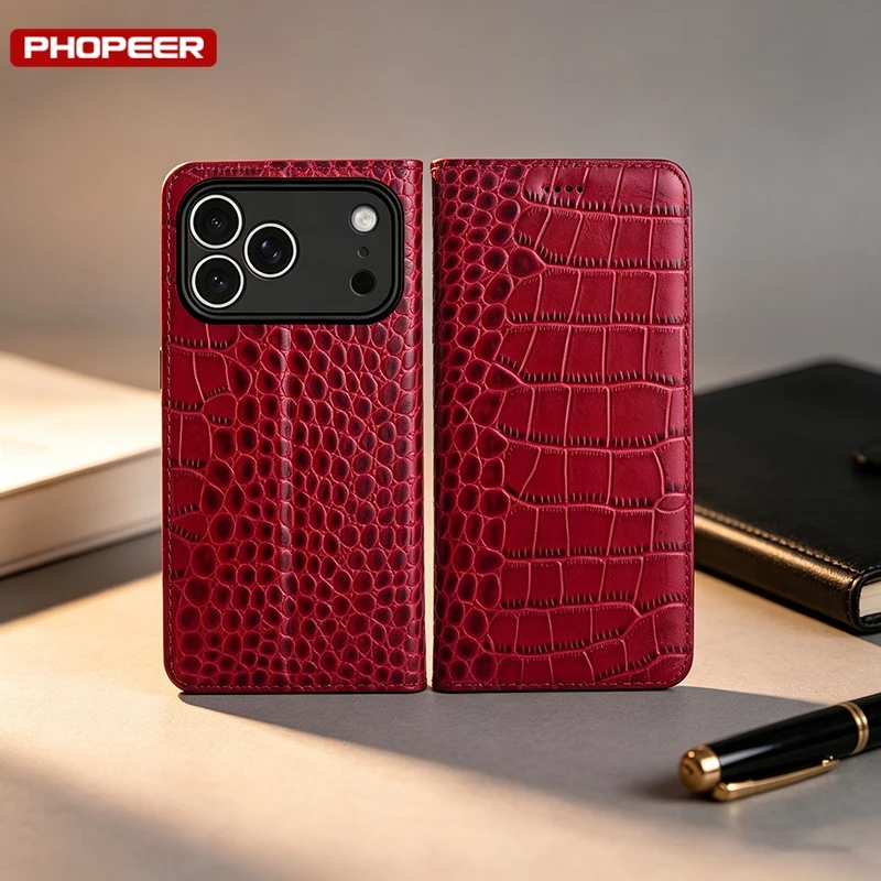 Magnetic Genuine Leather Phone Case For Apple iPhone 17 18 Pro Max IPHONE DUO iPhone 18Pro Flip Wallet Book Phone Cover.