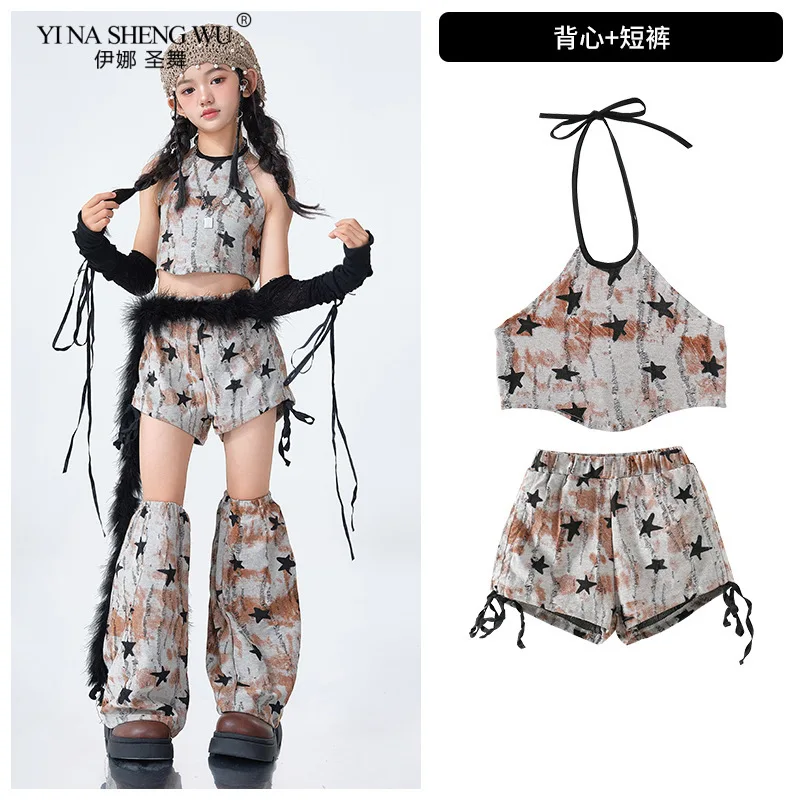 

Kpop Jazz Dance Costume Girls Trendy Suit Lace Top Black Shorts Modern Dance Performance Outfit Cool Streetwear