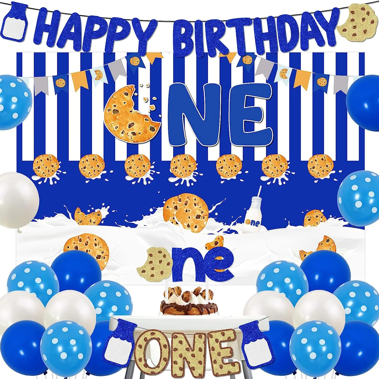 

Happy Birthday Banner for Boys, Milk and Cookies 1st Birthday Party Decoration, Cookie One Backdrop