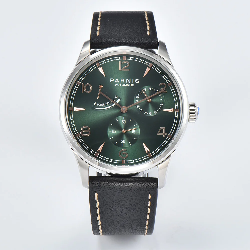 Parnis 41.5mm Green Dial Automatic Movement Power Reserve Men's Boys Guy Casual Wristwatch Leather Strap