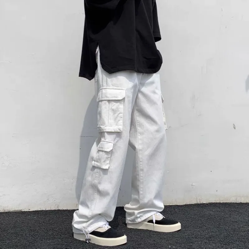 Male Trousers White Aesthetic Men\'s Cargo Pants Wide Multi Pocket Summer Multipockets Straight Clothing Long Fashion Regular Fit