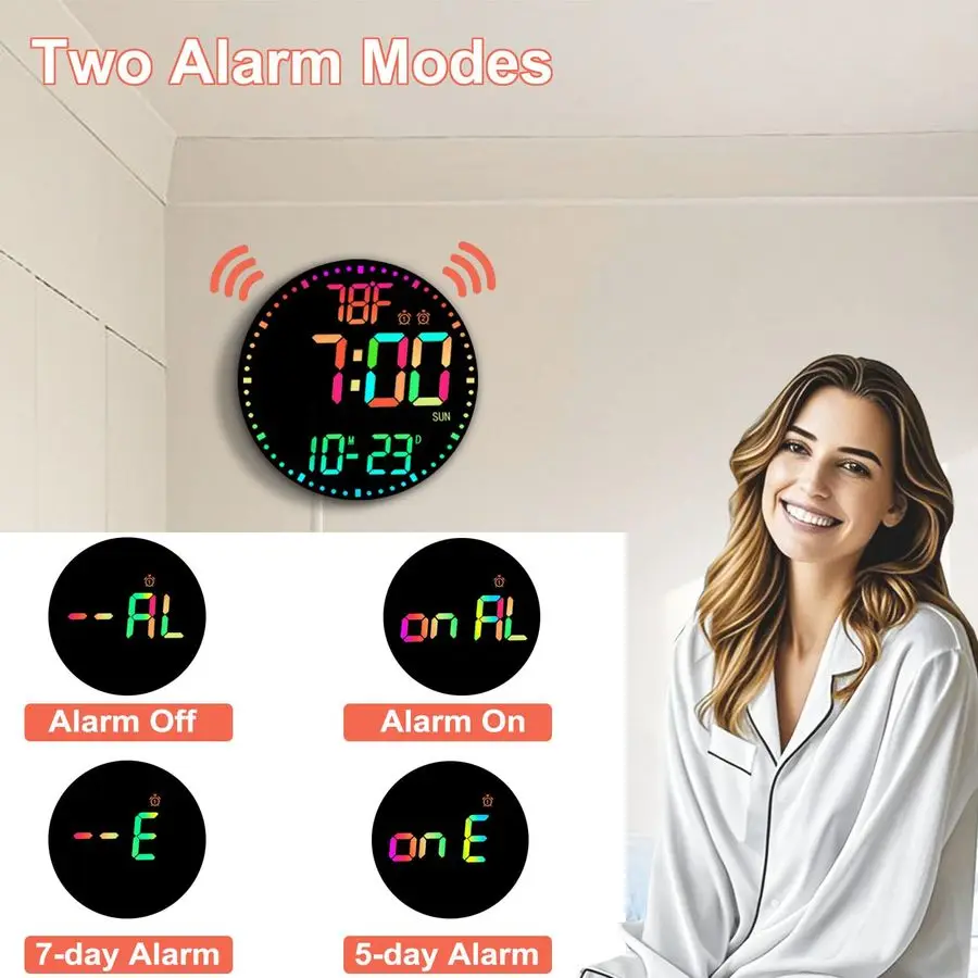 12 RGB Color Changing Digital Wall Clock with Remote Control LED Display Plugin Clock with 3 Brightness Levels amp Temperature D
