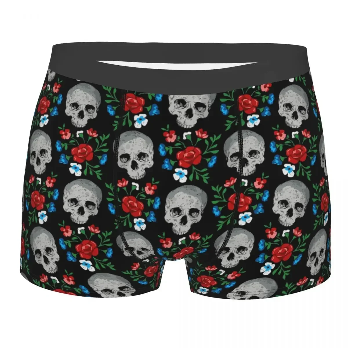 Custom Death Skull Roses Floral Underwear Men Stretch Gothic Skeleton Boxer Briefs Shorts Panties Soft Underpants For Male