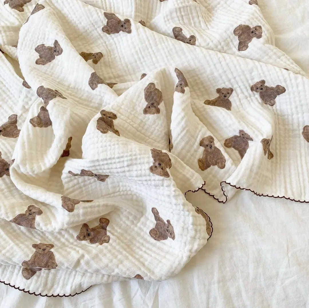 Printed Teddy Bear Super Soft Cotton Muslin Blanket,Lovely Baby Swaddle, Newborn Wrap Bath Towel, Baby Receiving Blanket