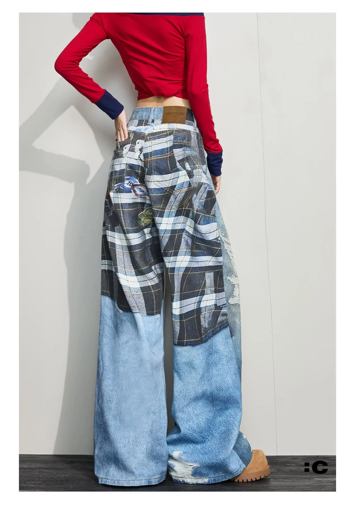 جينز على الطراز الأمريكي مطبوع ثلاثي الأبعاد مع شبكات مثقوبة سروال نسائي كلاسيكي مغسول بأرجل واسعة كاجوال وعصري