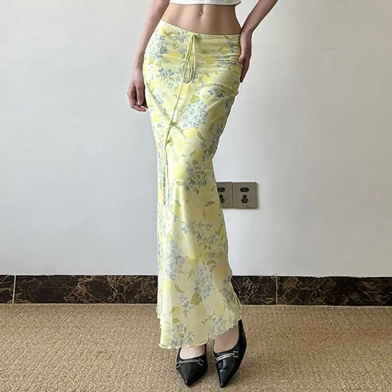 French Summer Fresh Floral Mesh Skirt Lace-Up Slim Resort Style Long Skirt