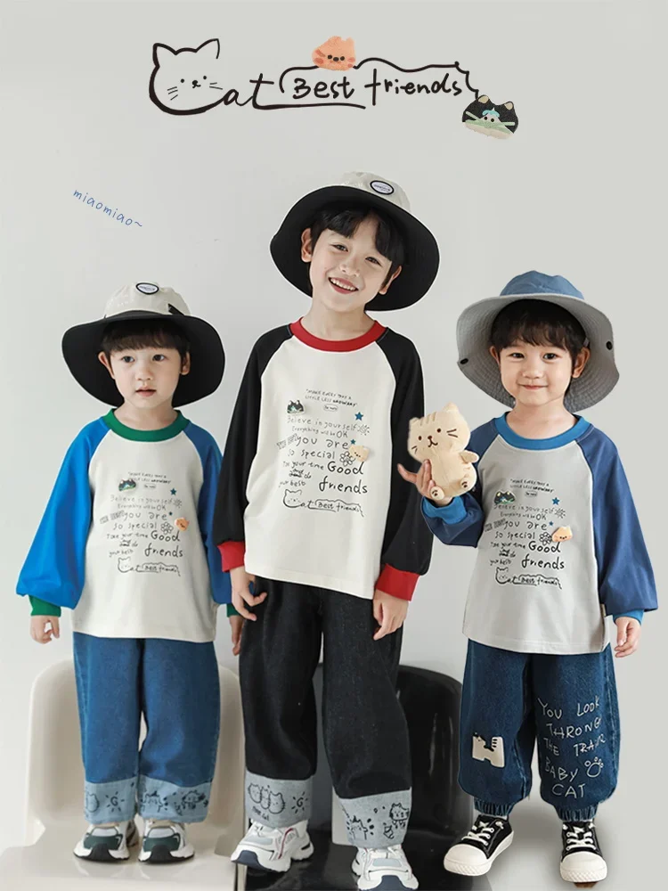 Boys 2024 New Color Blocked Long Sleeved Letter T-shirt Spring Autumn Children's Top Trend