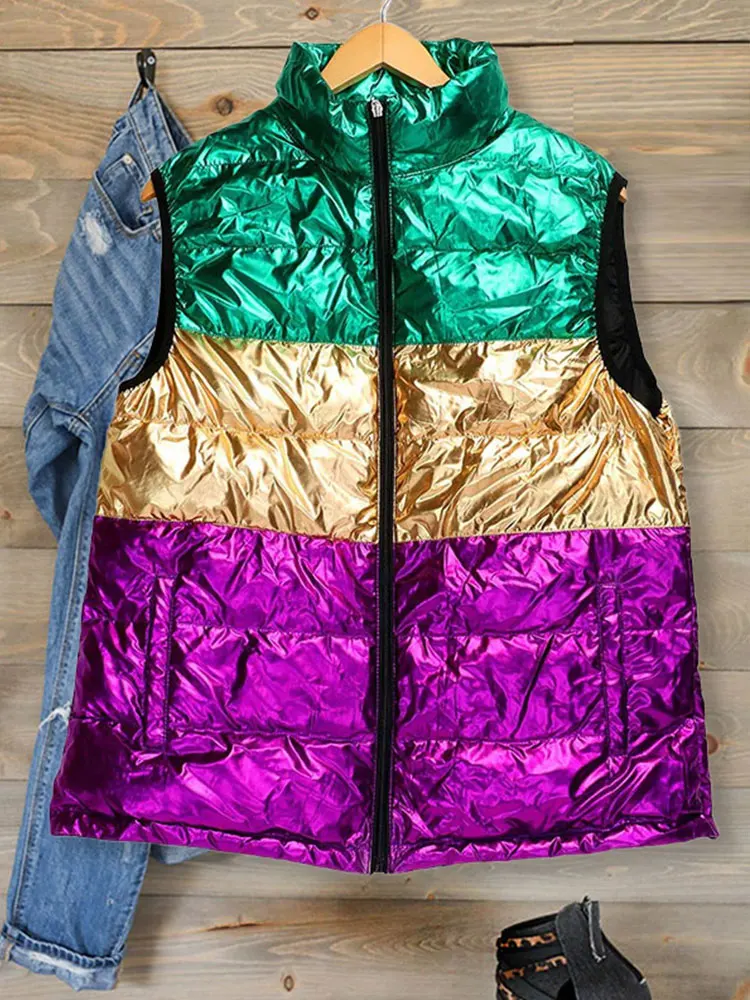 Casual Contrast Color Quilted Vest Mardi Gras Color Block Puffer Vest