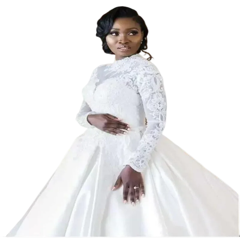 Clássico alta pescoço africano vestidos de casamento tamanhos grandes capela trem vestidos de novia mangas compridas rendas apliques vestidos de noiva