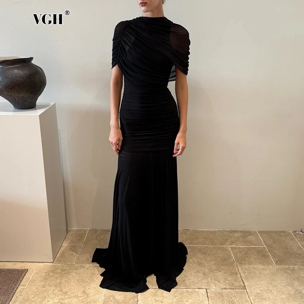 VGH Luxury Galas Event Vestido Maxi Negro de Malla Transparente Fruncido para Mujer, Cuello Redondo, Manga Corta, Silueta Bodycon, Falda para Alfombra Roja
