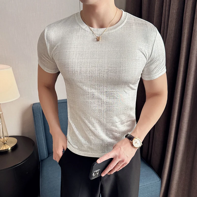 2024 Summer New Bright Glossy Solid Color Slim Fit T Shirts Mens Casual Round Neck Versatile Fitness T-Shirt Top Homme 3XL-M