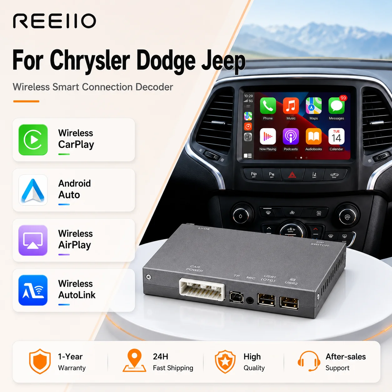 Interface sans fil AUTOABC CarPlay Android Auto pour Jeep Chrysler Dodge 300C, Challenger 2014-2019, boîte de décodage de mise à niveau avec prise en charge Airplay, navigation et Bluetooth