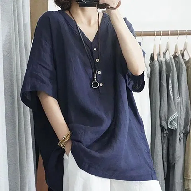

Women's Navy Blue Short-Sleeve Henley Shirt V-Neck Loose Casual Linen-Blend Blouse