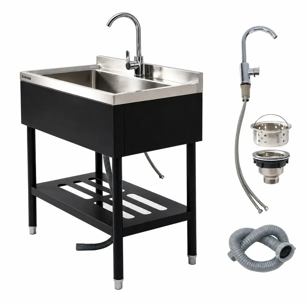Freestanding Stainless Steel Utility Sink With Hot And Cold 360 Degree Swivel Faucet Drain Kit X Flow Fast Drainage Anti Odor System For Garage Laundry Room Backyard