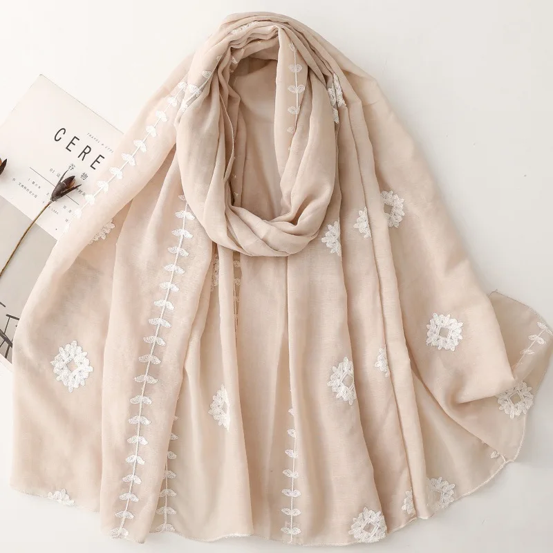 Ethnic Embroidered Scarf Shawl Solid Color Style Gauze Scarf Warm Winter Travel Desert Beach Wrap