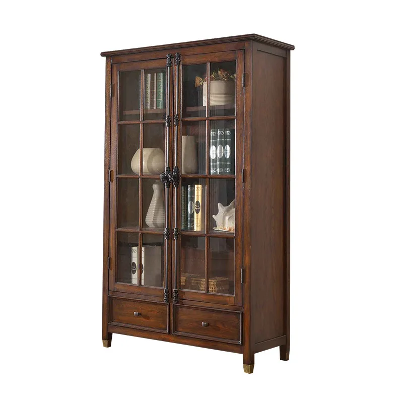 

American rural all solid wood two-door bookcase whole wall storage