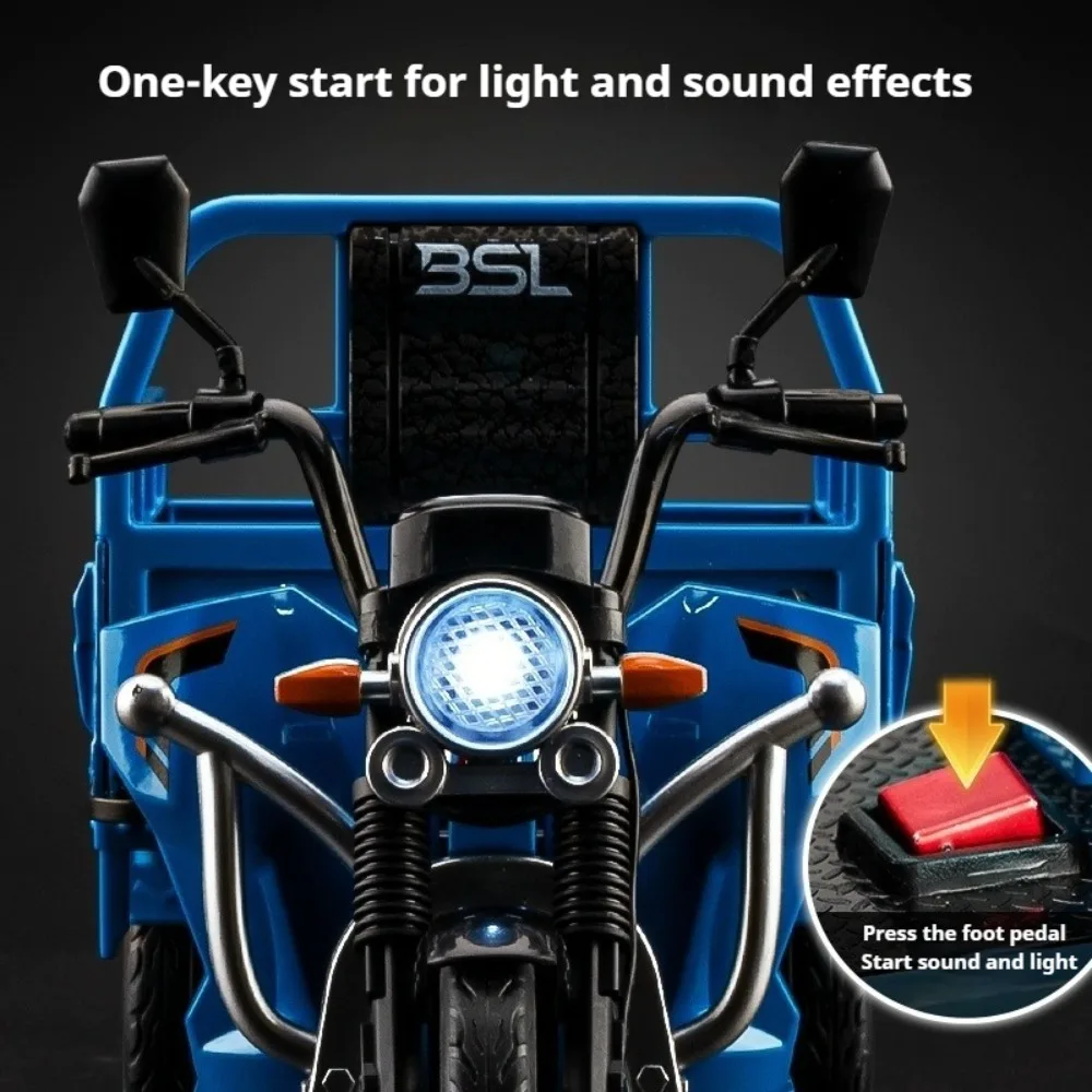 1:12 Electric Tricycle Models Car Toys Alloy Diecast Motorcycle Metal Body Rubber Tires Sound Light Pull Back Toy Gifts for Kids