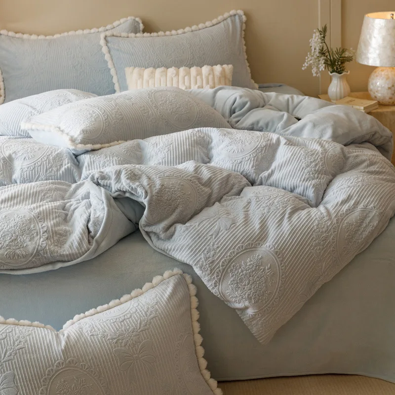 Autumn Winter Thickened Carved Milk Fleece Bed Four-piece Set Class A Antistatic Quilt Cover Bed Sheet Pillowcase Bedding Set 5