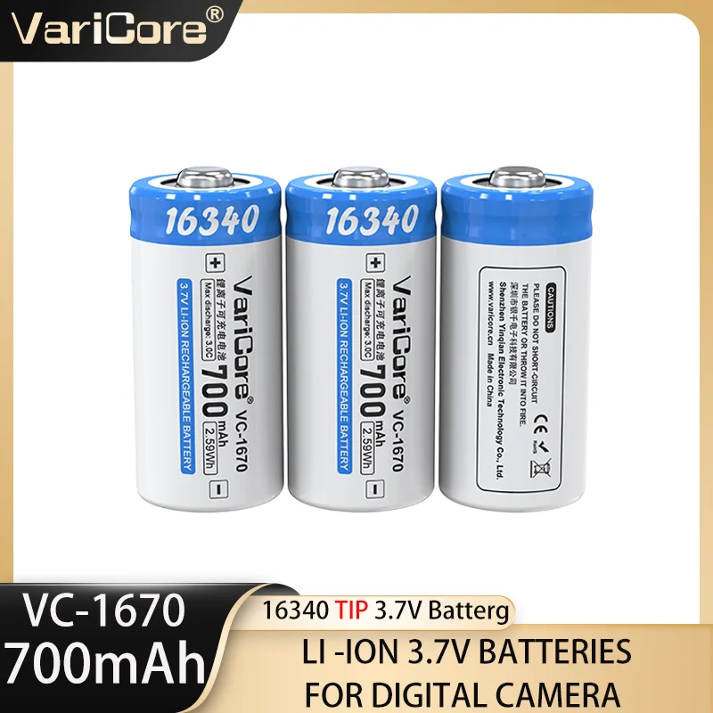 VariCore VC-1670 16340 Con TiP 3.7V 700mAh Batteria ricaricabile agli ioni di litio di grande capacità per la torcia elettrica della fotocamera digitale